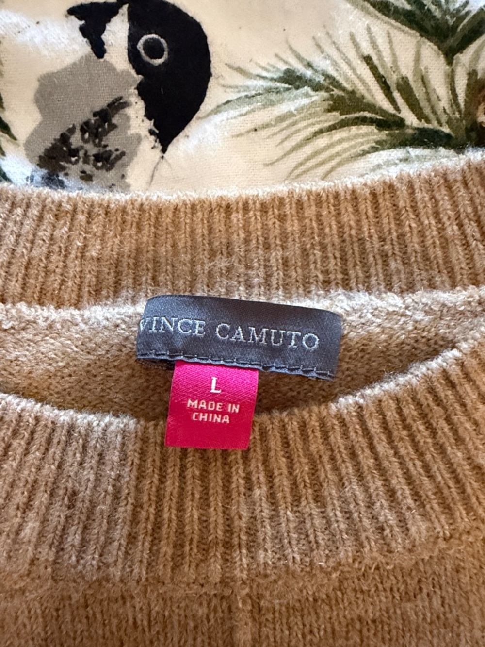 Vince Camuto Two-Tone Camel and Navy Crewneck Sweater - Picture 2 of 5